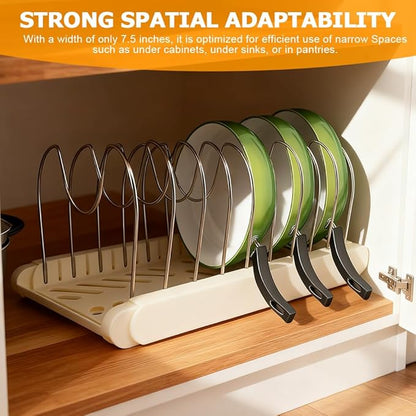 DiQiRenQin Pot and Pan Organizer, Expandable Pan Organizer for Cabinet, Pot Lid Holder with 10 Adjustable Compartments for Kitchen Cabinet Cookware Baking Frying Rack(White)