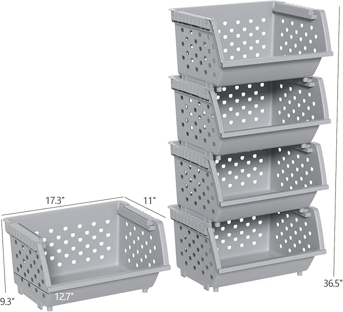 4 Packs Plastic Stackable Storage Bins, Large Stacking Storage Baskets, Gray