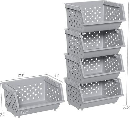 4 Packs Plastic Stackable Storage Bins, Large Stacking Storage Baskets, Gray