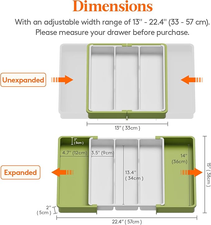 Lifewit Utensil Organizer for Kitchen Drawers, Expandable Cooking Utensil Tray, Adjustable Cutlery Silverware Flatware Holder, Plastic Spatula Tools Storage Divider, Green&White, 13"-22" x 15"
