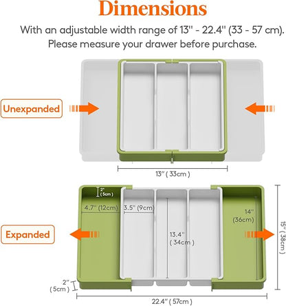 Lifewit Utensil Organizer for Kitchen Drawers, Expandable Cooking Utensil Tray, Adjustable Cutlery Silverware Flatware Holder, Plastic Spatula Tools Storage Divider, Green&White, 13"-22" x 15"