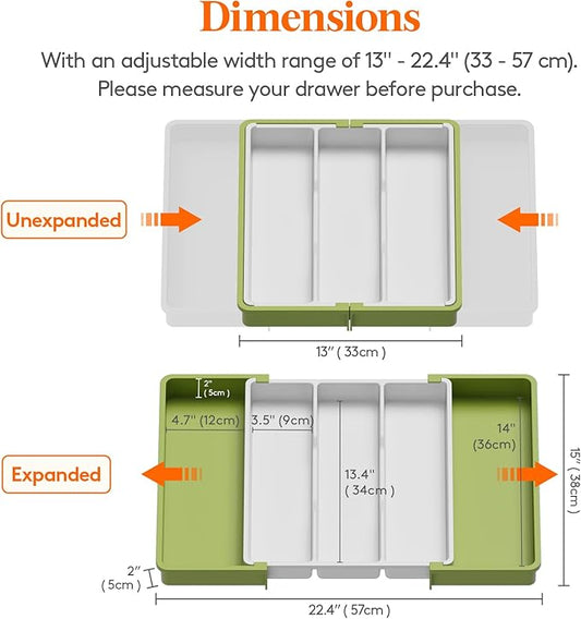Lifewit Utensil Organizer for Kitchen Drawers, Expandable Cooking Utensil Tray, Adjustable Cutlery Silverware Flatware Holder, Plastic Spatula Tools Storage Divider, Green&White, 13"-22" x 15"
