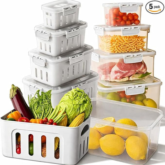 DAZZLEREE Fruit Containers for Fridge Keep Fresh, 5-Pack Produce Containers for Fridge with Lids, Meal Prep Containers, Food Organizer with Removable Colander, Microwave & Dishwasher Safe (White)
