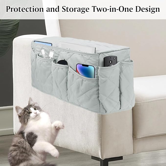 HADEEONG Remote Control Holder, Non Slip Bedside Armchair Caddy, Recliner Arm Caddy Armrest Organizer with 14 Pockets for Cell Phone TV Remote Control Magazines, Light Gray