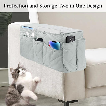 HADEEONG Remote Control Holder, Non Slip Bedside Armchair Caddy, Recliner Arm Caddy Armrest Organizer with 14 Pockets for Cell Phone TV Remote Control Magazines, Light Gray