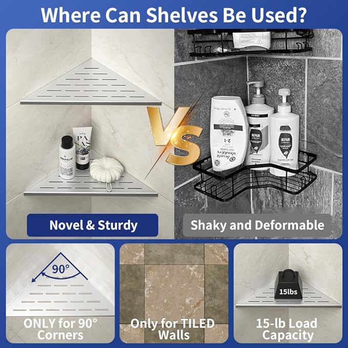 Bernkot Corner Shower Shelf, 12" Brushed 304 Stainless Steel Slot Design Recessed Corner Shelves 2 Pack Bathroom Grout in Shelf for Tiled Wall, Large Size