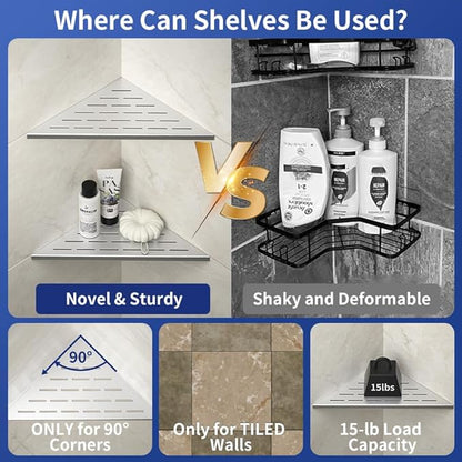Bernkot Corner Shower Shelf, 12" Brushed 304 Stainless Steel Slot Design Recessed Corner Shelves 2 Pack Bathroom Grout in Shelf for Tiled Wall, Large Size
