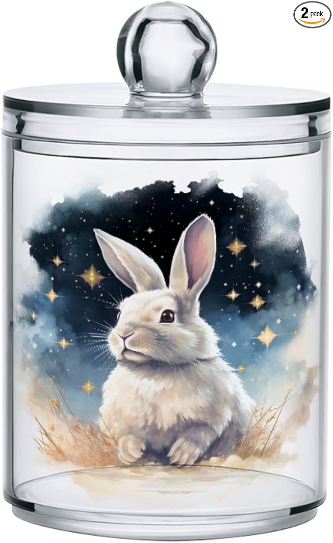 MNSRUU 2 Pack Qtip Holder Organizer Dispenser Animal Rabbit Pink Bathroom Storage Canister Cotton Ball Holder Bathroom Containers for Cotton Swabs/Pads/Floss