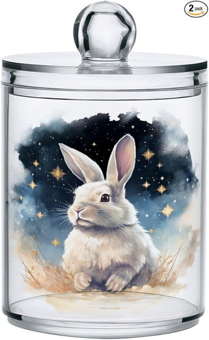 MNSRUU 2 Pack Qtip Holder Organizer Dispenser Animal Rabbit Pink Bathroom Storage Canister Cotton Ball Holder Bathroom Containers for Cotton Swabs/Pads/Floss