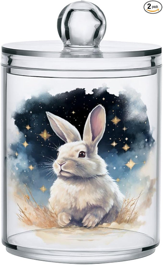 MNSRUU 2 Pack Qtip Holder Organizer Dispenser Animal Rabbit Pink Bathroom Storage Canister Cotton Ball Holder Bathroom Containers for Cotton Swabs/Pads/Floss