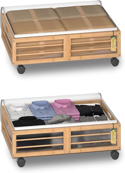 Bamboonova Bamboo Underbed Storage Containers with Wheels & Bag 2 Pack, Large Under Bed Rolling Storage Bins Wood Under Bed Clothes Storage Stackable Drawers for Bedroom Closet Under Crib Toy(Natural)