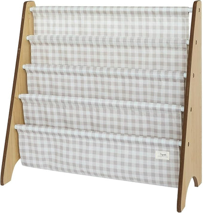 3 Sprouts Recycled Fabric Kids Bookshelf – 4-Tier Sling Book Rack Organizer - Nursery Room Playroom Classroom Wooden Book Shelves - Kid Bookcase Wood Storage Shelf for Toddler Age 3+ - Gingham Beige | Recycled Fabric, Organizer, Nursery Room, Playroom,...