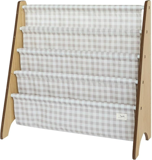 3 Sprouts Recycled Fabric Kids Bookshelf – 4-Tier Sling Book Rack Organizer - Nursery Room Playroom Classroom Wooden Book Shelves - Kid Bookcase Wood Storage Shelf for Toddler Age 3+ - Gingham Beige | Recycled Fabric, Organizer, Nursery Room, Playroom,...