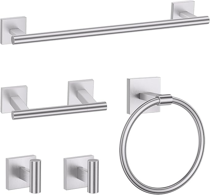 TURS Brushed Nickel 5 Piece Bathroom Hardware Accessories Set, SUS304 Stainless Steel Bath Towel Bar Set, 24 Inch Round Bathroom Accessories Kit Wall Mounted