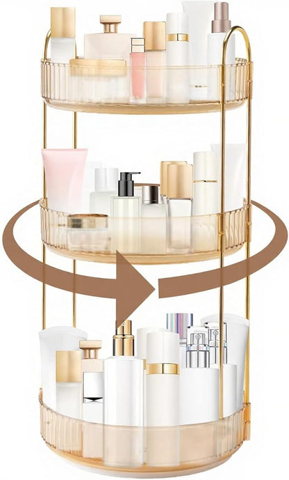 INVSSENE 360 Rotating Makeup Organizer, Yellow, Unisex, 3 Tier Countertop Storage, Fits Cosmetics, Perfume, Skincare, Lipsticks