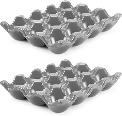 Flexzion 12 Cups Ceramic Egg Holder for Fridge - Dozen Ceramic Egg Tray Porcelain Container Storage Organizer Decorative Serving Stand Serveware for Refrigerator Countertop Display (Gray, 2 Pack)
