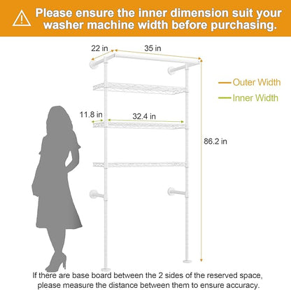 U17 Wall-Mounted Over The Washer Dryer Shelves Without Moving Machines, Laundry Room Rack with Adjustable Shelves and Hanger Rod, 35" W x 22" D x 86.2" H, Holds 352 lbs, White