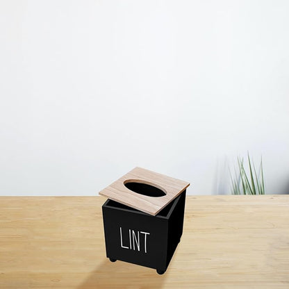 Farmhouse Wooden Lint Holder with Lid - Dryer Lint Trash Can for Laundry Room Decor (Black)