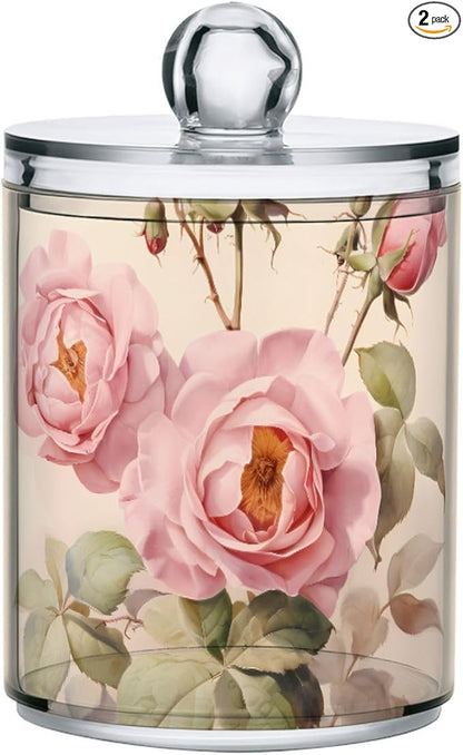 MNSRUU 2 Pack Qtip Holder Organizer Dispenser Floral Rose Pink Bathroom Storage Canister Cotton Ball Holder Bathroom Containers for Cotton Swabs/Pads/Floss