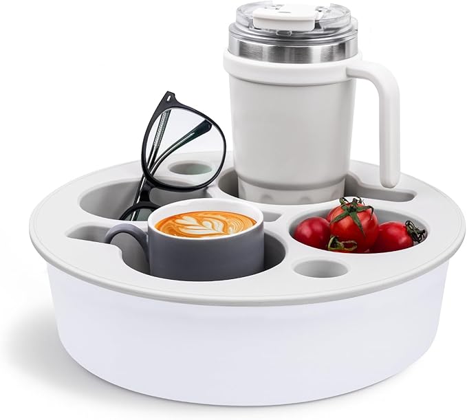 Bonfixe Couch Cup Holder Tray Round, 4-Cups Bedside Drink Holder for Elderly/Pregnancy, Stable Non-Spill Silicone Couch Caddy for Remote Control, Glasses‌, Snacks, Phones‌ (White)