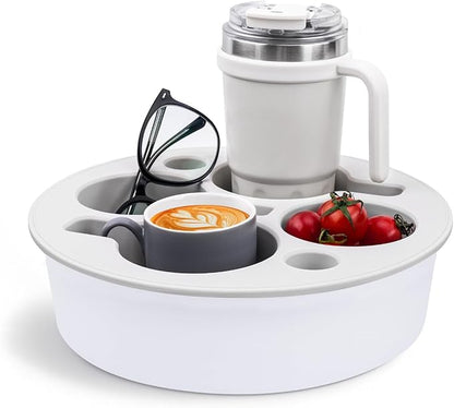 Bonfixe Couch Cup Holder Tray Round, 4-Cups Bedside Drink Holder for Elderly/Pregnancy, Stable Non-Spill Silicone Couch Caddy for Remote Control, Glasses‌, Snacks, Phones‌ (White)