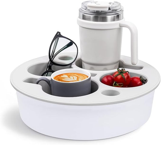 Bonfixe Couch Cup Holder Tray Round, 4-Cups Bedside Drink Holder for Elderly/Pregnancy, Stable Non-Spill Silicone Couch Caddy for Remote Control, Glasses‌, Snacks, Phones‌ (White)