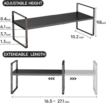 jkxoo 16.5-27’’L Expandable Kitchen Shelf Organizer, Stackable Shelves Organizer, Adjustable Height Pantry Spice Rack for Cabinet, Countertop, Pantry and Cupboard, Black