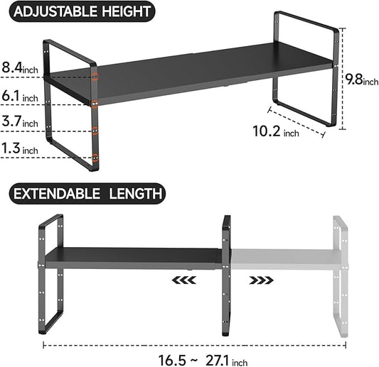 jkxoo 16.5-27’’L Expandable Kitchen Shelf Organizer, Stackable Shelves Organizer, Adjustable Height Pantry Spice Rack for Cabinet, Countertop, Pantry and Cupboard, Black