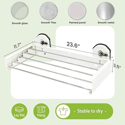 Punch-Free Wall Mounted Clothes Drying White Rack 25 Inches, Retracble & Foldable Drying Rack with 5 Steel Panel, Laundry Hanging Rack, Space Saving Collapsible Rack for Heavy Clothing Organization