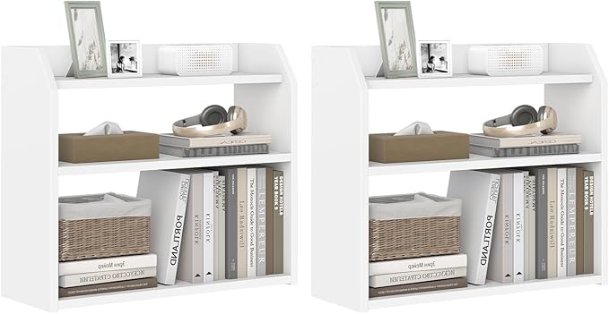 Giantex 3-Tier Desktop Bookshelf, Small Wood Countertop Organizer with Raised Guardrails, Space-Saving Desk Display Hutch, Modern Tabletop Shelf for Study Room, Office and Dorm, White (2)