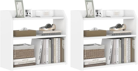 Giantex 3-Tier Desktop Bookshelf, Small Wood Countertop Organizer with Raised Guardrails, Space-Saving Desk Display Hutch, Modern Tabletop Shelf for Study Room, Office and Dorm, White (2)