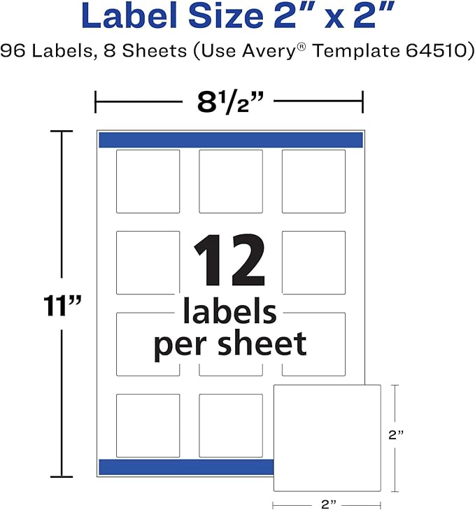 Avery Durable Waterproof Square Labels with Sure Feed Technology, 2" x 2", White, Laser & Pigment-Inkjet Compatible, 96 Blank Labels Total, Great for Branding, Packaging, and More (64510)