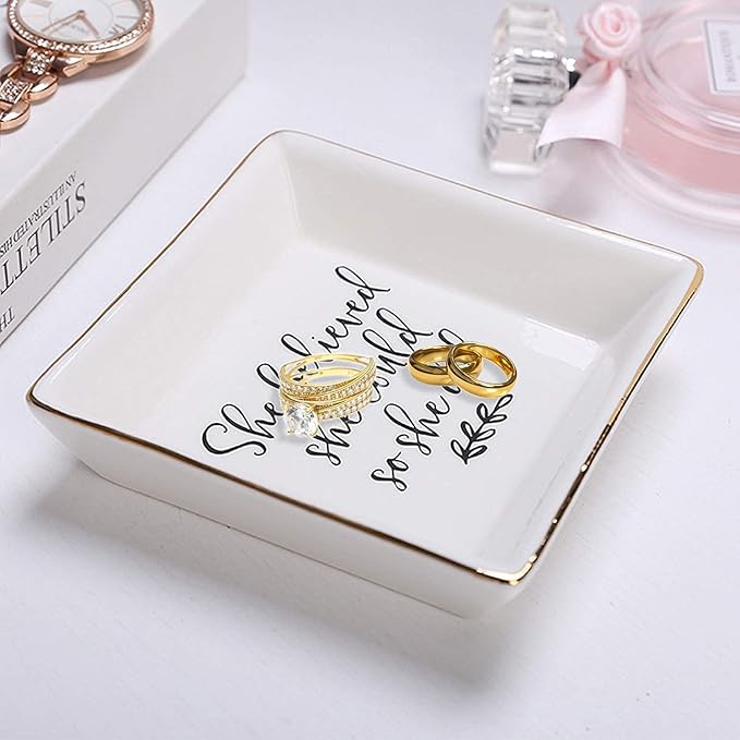 Tijeyi Jewelry Tray Ceramic Trinket Dish Ring Funny Birthday Gifts for Women Unique New Job Spiritual Congratulations Gift Best Friend Mom Friendship Office Decor,She Believed She Could So She Did