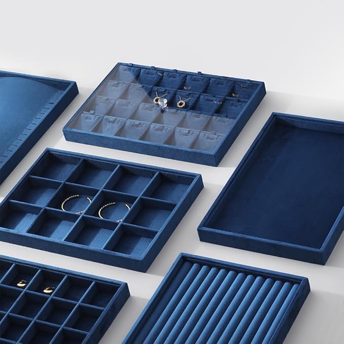 Dansmiy Velvet Stackable Jewelry Display Tray, 24 Grid Earring Ring Storage Tray, Drawer Divider Jewelry Accessories Organizer Plate (Blue)