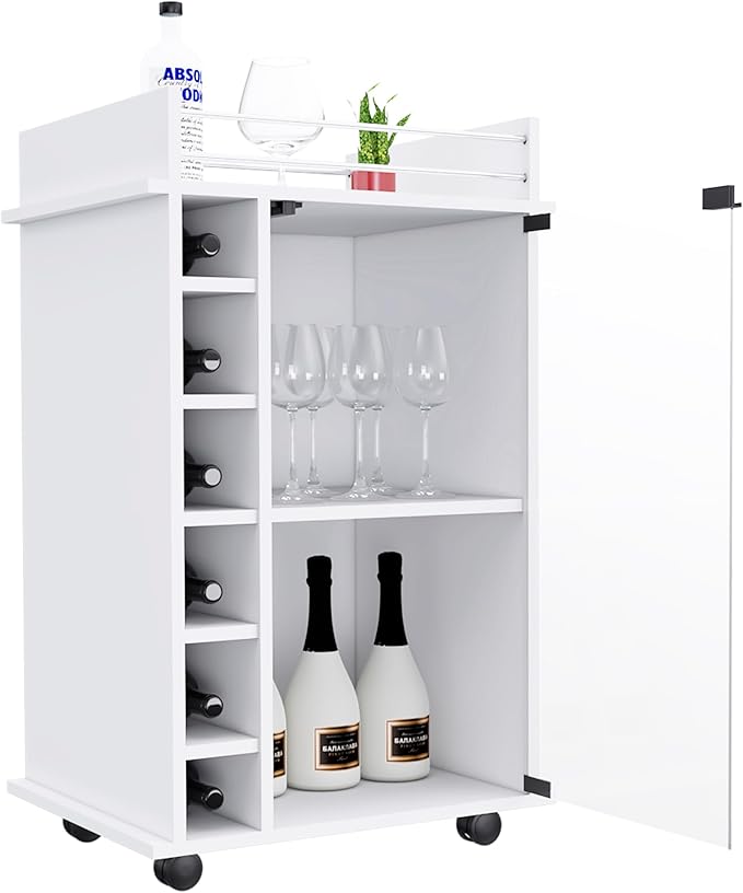 Mobile Bar Cart with Glass Door Cabinet, 6 Wine Bottle Storage Cubbies, Carbon Espresso Finish, 35" H x 21.6" W Bar Serving Cart with Wheels (White)