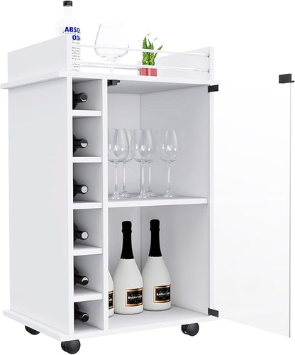 Mobile Bar Cart with Glass Door Cabinet, 6 Wine Bottle Storage Cubbies, Carbon Espresso Finish, 35" H x 21.6" W Bar Serving Cart with Wheels (White)