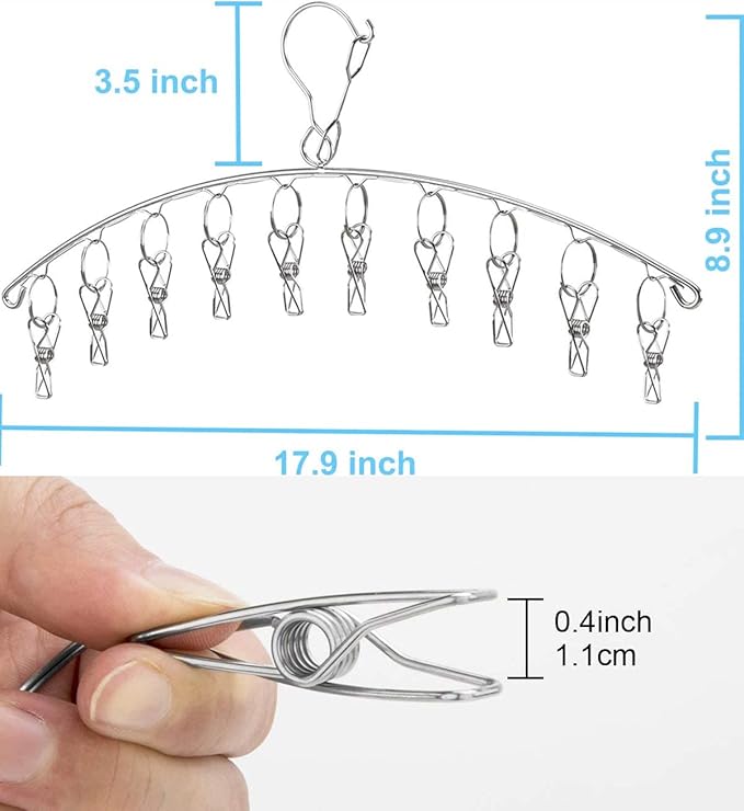 Windproof Laundry Hanger with 10 Clips Stainless Steel Clothes Drying Rack Outdoor Underwear Socks Herb Dryer Pack 2