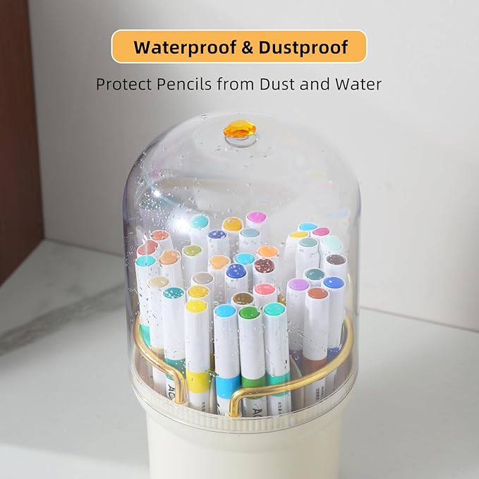 360-Degree Rotating Colored Pencil Holder with Lid, Pencil Organizer Holds 100 Long Pencils with 7 Slots for Desk, Caddy Art Supply Organizer, Multi-function Makeup Brushes Ogranizer (Ivory White)