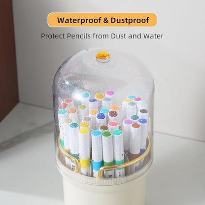 360-Degree Rotating Colored Pencil Holder with Lid, Pencil Organizer Holds 100 Long Pencils with 7 Slots for Desk, Caddy Art Supply Organizer, Multi-function Makeup Brushes Ogranizer (Ivory White)
