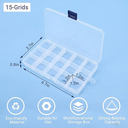 Rhinestone Organizer Storage Box, 4PCS 15-Grid Small Clear Plastic Jewelry Case, Empty Container Dividers for Nail Art Craft Accessory, Display Holder for Fishing Tackle, Bead, Charms, Sewing