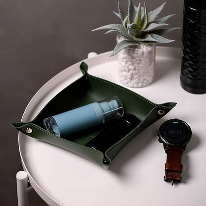 SANQIANWAN Leather Jewelry Valet Tray for Women and Man, Entryway Table Bedside Nightstand Desk Portable Small Catchall Travel Dish Plate for Key,Wallet,Watch,Phone,Coin(Dark Green-B)
