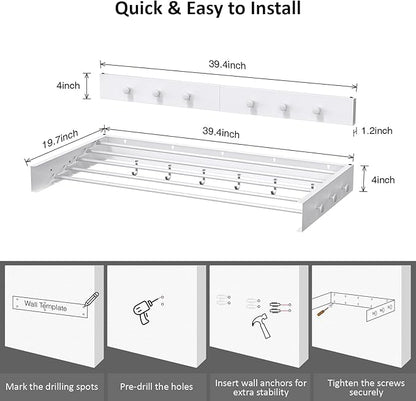 Drying Rack Clothing,Clothes Drying Rack Wall Mounted,Laundry Drying Rack Wall Mount,Foldable,Collapsible,60 lb Capacity 5 Aluminium Poles with 12 Hooks,Space Saving Clothes Drying Rack,White 40"