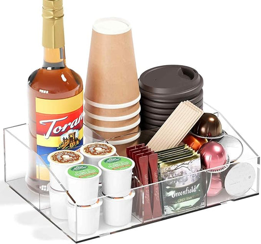Coffee Bar Station Organizer, Acrylic Countertop Holder for Pod Cup Condiment Stirrers Snack Tea, Bar Accessories, Decor and Essentials, Gift for Coffee Lovers, Clear