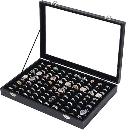 Ring Holder Organizer Box, Jewelry Display Case, Earring Necklace Storage Tray With Top Glass Lid (Black, 100 Slots)