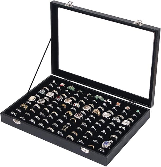 Ring Holder Organizer Box, Jewelry Display Case, Earring Necklace Storage Tray With Top Glass Lid (Black, 100 Slots)