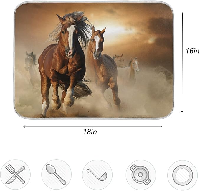 ZzWwR Horse Absorbent Dish Drying Mat Microfiber Kitchen Countertop Table Protector Multi-Purpose Counter Rack Sink Drainer Pad (18” x 16”)