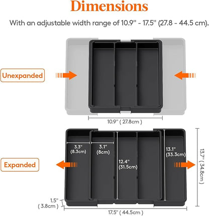 Lifewit Utensil Organizer for Kitchen Drawers, Expandable Cooking Utensil Tray, Adjustable Cutlery Silverware Flatware Holder, Plastic Spatula Tools and Gadgets Storage Divider, Black, 11"-18" x 14"