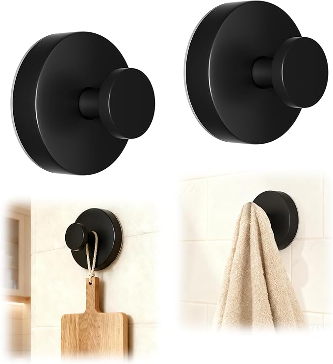 MIRAIWATIMO Strong Suction Cup Hooks -2026 New Upgraded No Drill Heavy Duty Hooks for Shower, Bathroom,Glass Door,Tile,Mirror & Front Door - Wreath Hanger,Towel,Robe,Loofah Holder - Black 2 Pack