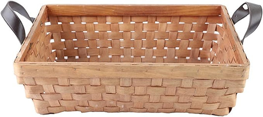 Rectangular Wooden Basket, Natural Hand Woven Storage Basket with Leather Handles for Sundries Toys Fruits