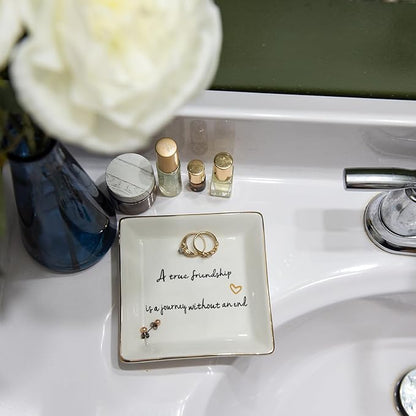 HOME SMILE Friends Gifts for Women Her Ring Trinket Dish Jewerly Tray-A True Friendship is a Journey Without an end-Birthday Gifts for Friends Female